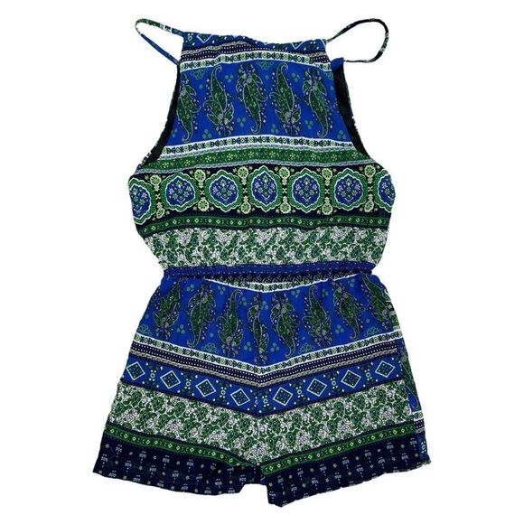 NWT Blue Green White Paisley Sleeveless Adjustable Spaghetti Strap Romper M - Picture 3 of 10